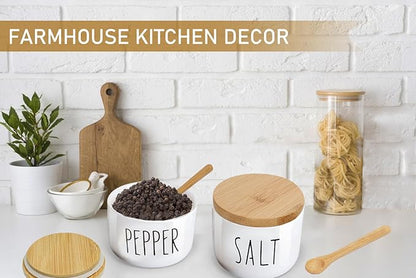 Farmhouse Salt And Pepper Bowls, Stacked Ceramic Salt Cellar With Bamboo Lid, Salt Container With Lid And Spoon, Modern Farmhouse Kitchen Decor, Salt Box