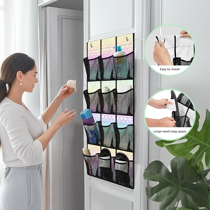 Mermaid 12 Pocket Over the Door Shoe Organizer,Reusable Breathable Large Mesh Bag Men's & Women's Sneaker Organizer,Shoe Organizer for Kids,Hanging Shoe Storage Hanging Bag