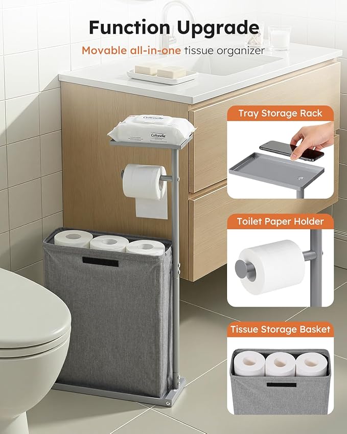 Freestanding Toilet Paper Holder Stand with Shelf for Up to 12 Rolls,Rustproof Metal Bathroom Toilet Paper Storage with Lid, All-in-One Toilet Tissue Roll Dispenser and Organizer,Gray