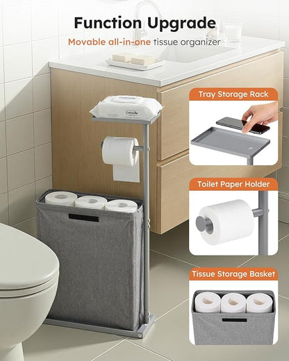 Freestanding Toilet Paper Holder Stand with Shelf for Up to 12 Rolls,Rustproof Metal Bathroom Toilet Paper Storage with Lid, All-in-One Toilet Tissue Roll Dispenser and Organizer,Gray