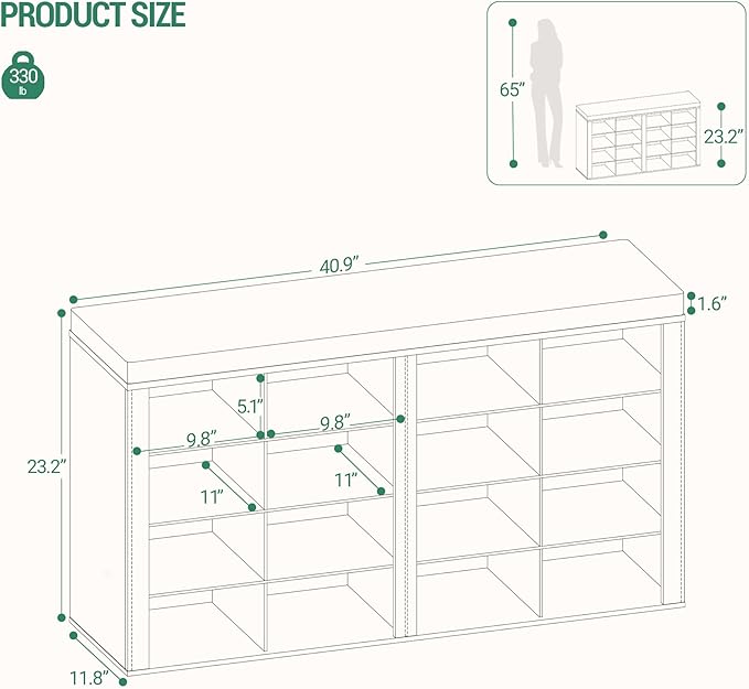 Hzuaneri Shoe Bench with Cushion, Entryway Storage Bench with 16 Cubbies, Cubby Shoe Rack with Adjustable Shelves, Shoe Organizer Cabinet for Living Room, Bedroom, Entryway, Rustic White SB25614KA