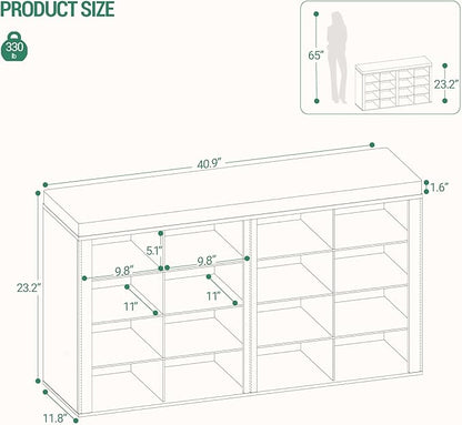 Hzuaneri Shoe Bench with Cushion, Entryway Storage Bench with 16 Cubbies, Cubby Shoe Rack with Adjustable Shelves, Shoe Organizer Cabinet for Living Room, Bedroom, Entryway, Rustic White SB25614KA