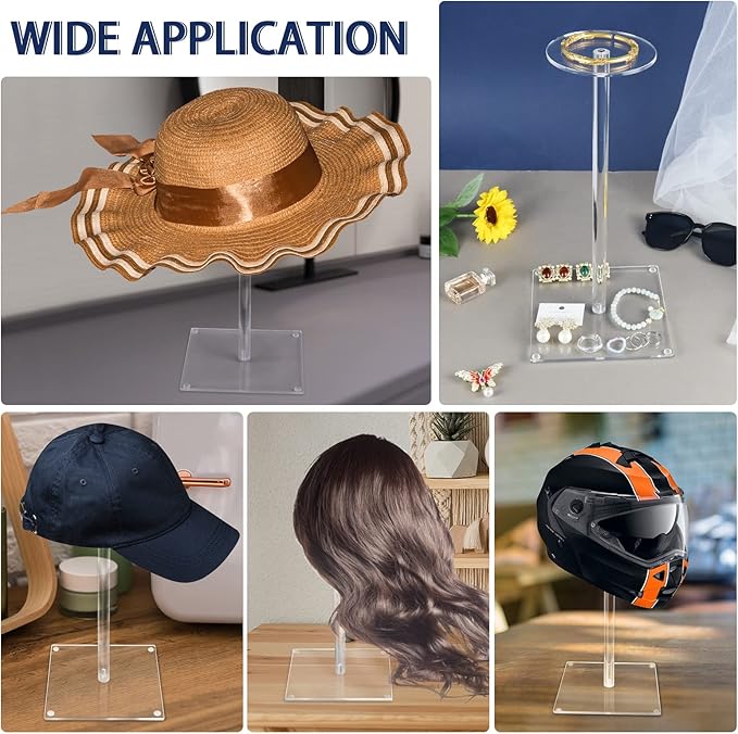 Acrylic Hat Stand and Wig Display Rack, 2pcs 17" Clear Hat Stands for Display, Adjustable Height Hat Holder, Square Barbell Base Display, Hat Rack Stand for Display Jewelry Watch Helmets