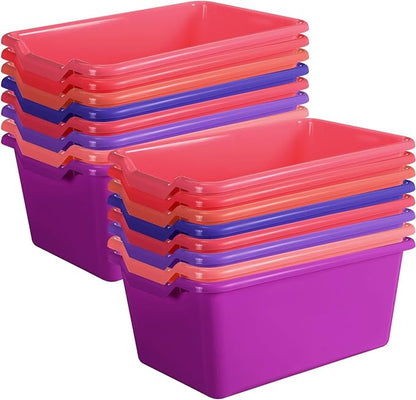 Dandat 16 Pcs Plastic Book Bins for Classroom Library Cubby Bins Scoop Front Stackable Toy Storage Tubs Containers for School Office Home Nursery Playroom Organization (Pink Series)