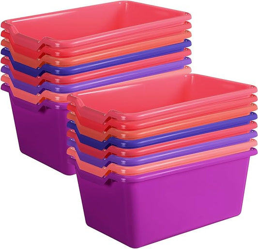 Dandat 16 Pcs Plastic Book Bins for Classroom Library Cubby Bins Scoop Front Stackable Toy Storage Tubs Containers for School Office Home Nursery Playroom Organization (Pink Series)