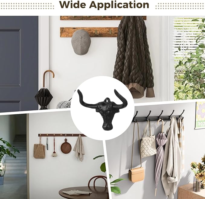 Homaisson 4 PCS Cowboy Hat Rack for Wall, Cast Iron Bull Head Hook with Longhorn, Vintage Hat Holder, Rustic Wall Coat Hanger