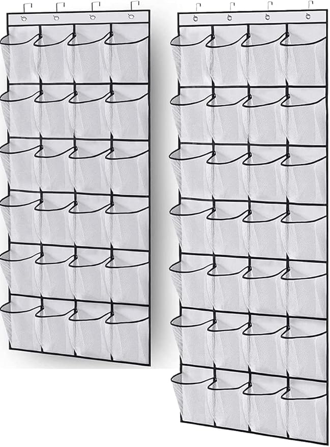 MISSLO 24 + 28 Large Pockets Over The Door Shoe Organizer Mesh Pockets and Over The Door Shoe Rack Hanging Sneaker Organizer for Closet