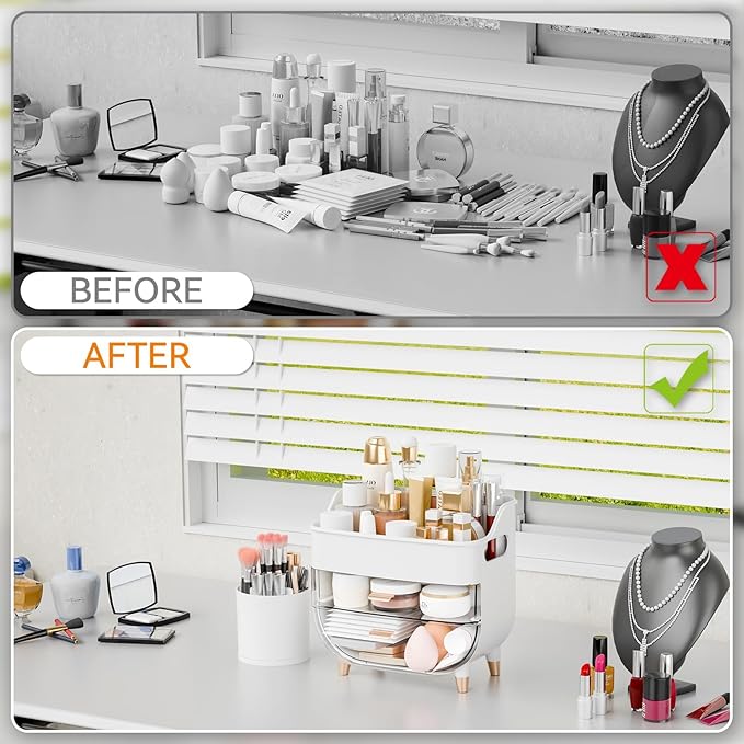 Yieach White Make up Organizer for Countertop,Vanity,Large Capacity Bathroom Makeup Skincare Organizers With Brush Holder,Makeup Storage Organizer for Lotion,Beauty Products,Skin Care,Makeup Display