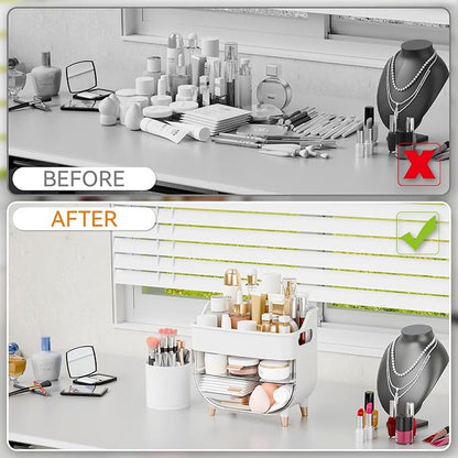 Yieach White Make up Organizer for Countertop,Vanity,Large Capacity Bathroom Makeup Skincare Organizers With Brush Holder,Makeup Storage Organizer for Lotion,Beauty Products,Skin Care,Makeup Display