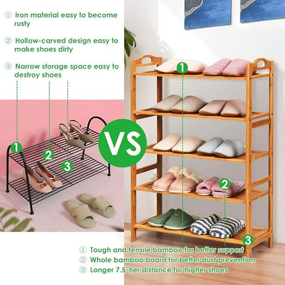 Giantex Bamboo Shoe Rack 5 Tier, Freestanding Shoe Rack with Two Rounded Handle for 15 Pairs, Entryway Standing Shoe Storage Organizer for Kitchen, Living Room, Entryway (5-Tier)