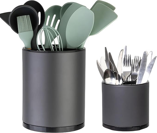 LIBODOUR Kitchen Utensil Holder Extra Large Rotating For Counter Organizer Stainless Steel Storage Cooking Silverware Caddy 3 Compartment Flatware Spoon Spatula Tool Cutlery Container（2 Set Grey）