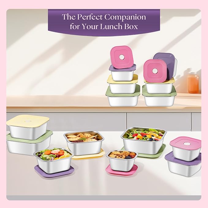 8-Piece Stainless Steel Food Storage Containers Set with 4 Colorful Lids – Airtight & Leakproof for Meal Prep, Lunch, Leftovers – BPA-Free, Dishwasher Safe – Durable Kitchen & Office Organizers
