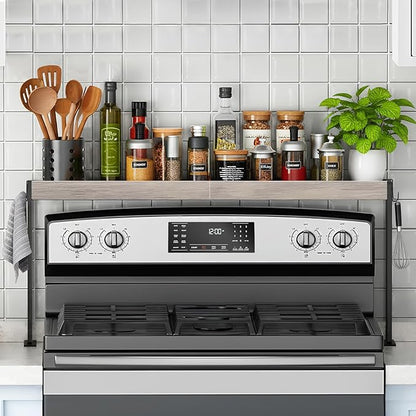 Spice Rack Shelf for Kitchen Stove, Over The Stove Shelf with 4 Level Adjustable Height, Over Stove Spice Rack with 4 Hooks, Grey + Black
