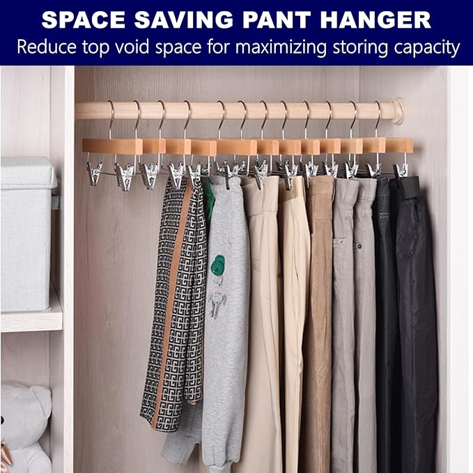 Amber Home 24 Pack Wooden Pants Hangers with Clips, 14" Natural Wood Skirt & Trouser Hangers, Closet Hangers for Jeans, Slacks, Shorts, with 2-Adjustable Clips (Natural, 24)