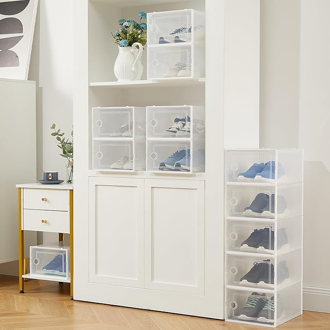 Garvee 12 PCS Transparent Plastic Foldable Shoe Boxes, Stackable Shoe Storage Organizers with Lids for Closet