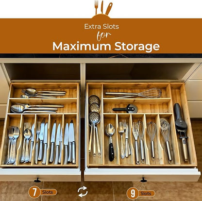 Bamboo Drawer Organizer | Expandable Silverware & Utensil Organizer for Kitchen | Flatware Cutlery Tray with Adjustable Dividers | Wooden Drawer for Knives, Spoons & Forks | Natural Bamboo