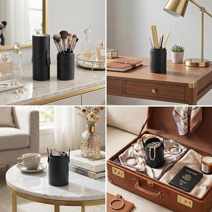 UPSTORE Portable Makeup Brush Case Black PU Leather Cosmetic Makeup Brush Holder Organizer for Short Brushes Cylindrical Design with Snap Closure 9 x 3.1 inch