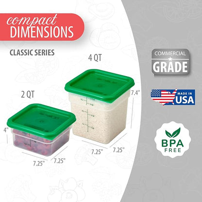 Cambro Food Storage Container with Lid (Microwave Safe and BPA-Free) - 2 Pack - Classic Series Square with Green Lid - 2 and 4 QT (Quart) - Commercial Grade for Food Prep (Translucent)