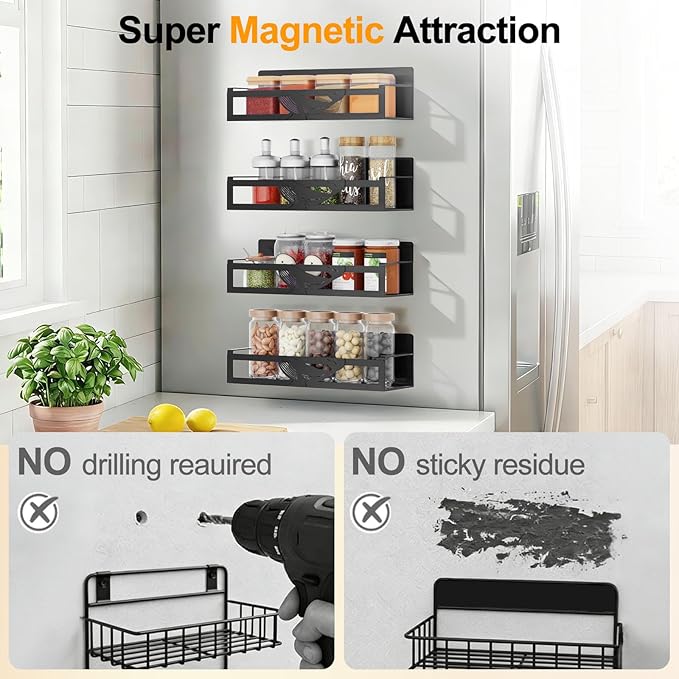 Magnetic Spice Rack for Refrigerator, 4-Pack Metal Seasoning Organizer for Kitchen Storage Organization, Magnetic Shelf for Fridge Space Saving Spice Organizer, Black