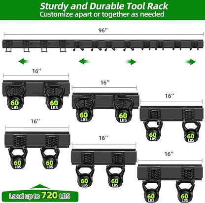 PIYILO Garage Wall Organizer, 96 in Garden Tool Organizer with 12 Adjustable Garage Hooks and 3 Storage Straps, Heavy Duty Tool Holder Wall Mount for Garden & Shed Tools