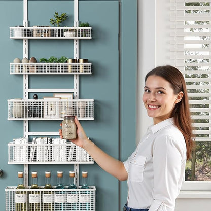 Bunoxea 6-Tier Over The Door Pantry Organizer,Hanging Spice Rack,Over Door Adjustable Basket with Handle,Pantry Organization And Storage, Laundry Room,Bathroom,Large Capacity,D5.3xW15.7xH60.9in