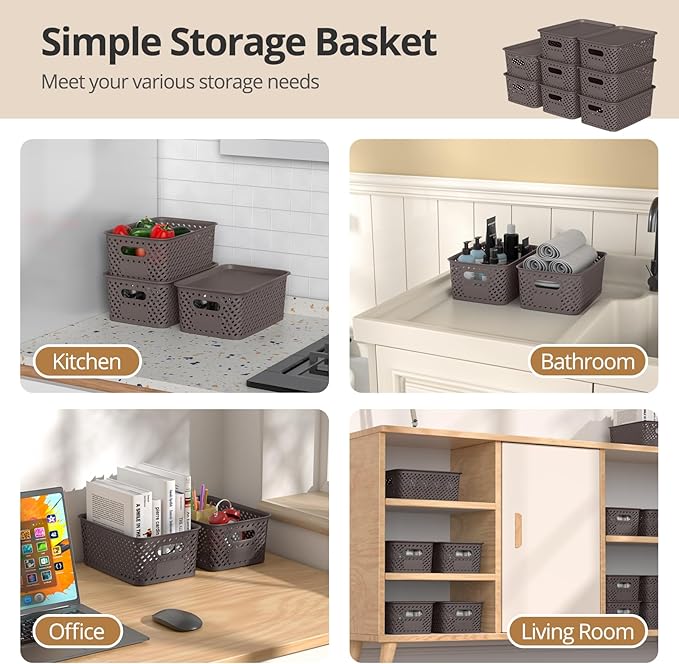 Plastic Storage Bins with Lid, Stackable Small Box Basket for Organizing and Containers for Shelves Drawers Desktop Closet Playroom Pantry Classroom Office Home, 8-pack 10.2x7.2x4.1 Inch, Brown