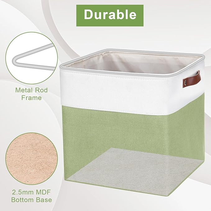 Bagnizer 13x13 Cube Storage Bins, Collapsible Fabric Storage Box, 4 Pack Closet Baskets with Handles for Organizing, Shelf, Toys, Clothes, Home, Office, Nursery (Green&White)