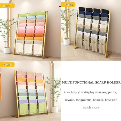 Multi Purpose Silk Scarf Display Stand, Large Capacity Hijab Rack, Floor Standing Pants Storage Organizer, Space Saving, for Home/Cloakroom/Retail Stores,Gold,100x40x145cm