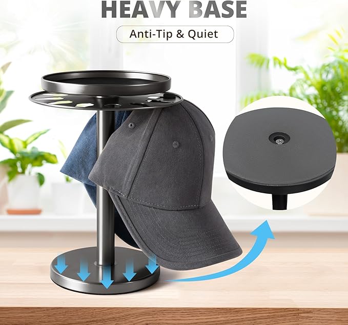 kondyfayo 360° Rotating Hat Organizer for Baseball Caps, Stainless Steel Hat Rack Holder with Top Storage Tray for Small Essentials, Ball Cap Storage Organizer for Closet, Entryway, Display (T-Black)