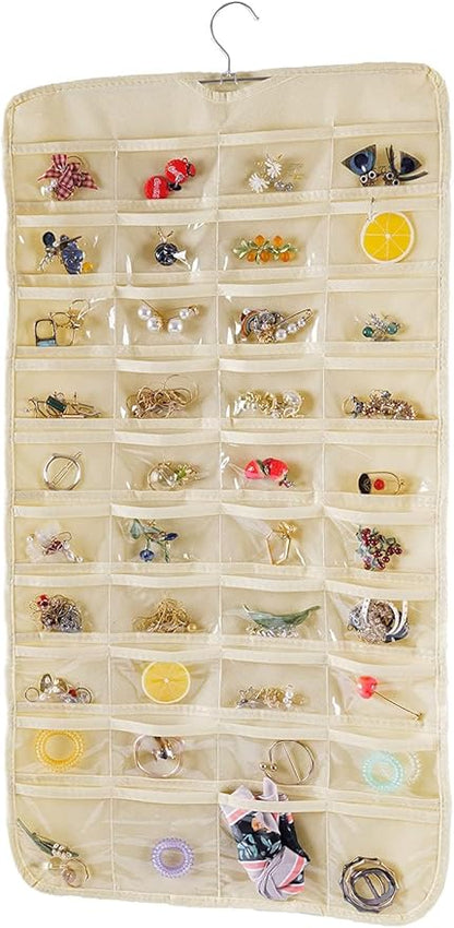 Bloss Hanging Jewelry Organizer, Double Sided 80 Pocket Jewelry Chain Storage Bag 2 Layer of Fabric Jewelry Organizer Holder for Necklace Bracelet Earring Ring Chain(Beige)
