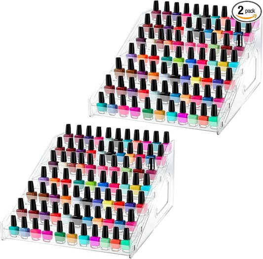 Nail Polish Organizer 84 Bottles of 7 Layers Sunglass Acrylic Display Rack Eyeglasses Storage Essential Oils Holder Makeup No Tool Needed Assembly, Clear (2 Pack)