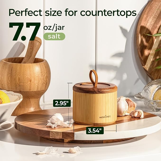 keechee Bamboo Salt Cellar with Acacia Lid & Spoon, 7.7oz Capacity with Built-In Spoon Slot & Labels, Two-Tone Countertop Seasoning Container (Single Compartment - 1 Pack)