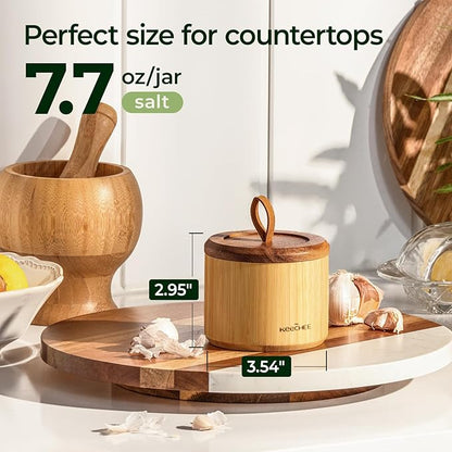 keechee Bamboo Salt Cellar with Acacia Lid & Spoon, 7.7oz Capacity with Built-In Spoon Slot & Labels, Two-Tone Countertop Seasoning Container (Single Compartment - 1 Pack)