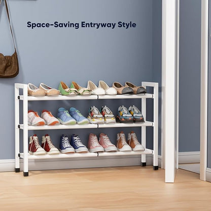 Abiglifty 3-Tier Expandable Shoe Rack,17"-33" Adjustable Shoe Rack for Closet,Metal Shoes Shelves for Front Door Entrance, Garage & Corridor, Free Standing Shoe Holders, Easy to Assemble,White
