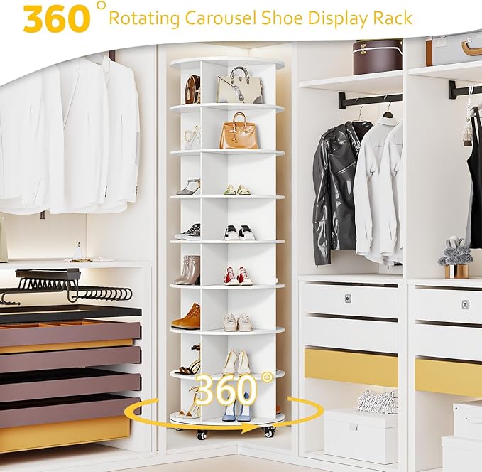 8 Tier Rotating Shoe Rack, Shoe Tower Organizer with 4 Universal Casters, Spinning Lazy Susan Display Storage Rack Round Carousel Vertical Handbag Closet (White, 23.6’’×23.6’’×74’’)