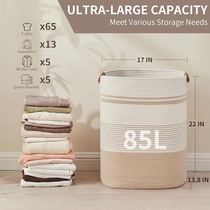 AINUOQI Laundry Basket with Handles - Blanket Basket & Hampers for Bedroom Aesthetic, Laundry Hamper & Blanket Storage for Living Room, Clothes Hamper, Tall, Large 17" x 14" x 22”, Off-white