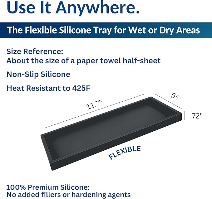 Spacewiser Countertop and Vanity Tray - 11.7" Silicone Bathroom Tray Countertop, Dish Soap Trays for Kitchen Counter, Organizer Accessories Caddy, Toilet Laundry Shower Oil Makeup Mat, Black