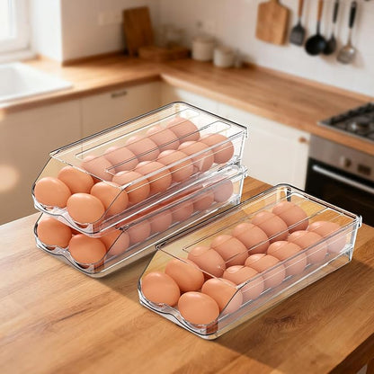 Egg Holder for Fridge,Automatic Rolling Egg Container for Refrigerator,Clear Stackable Egg Organizer with Removable Lid for Fridge Organizers and Storage,3 pack