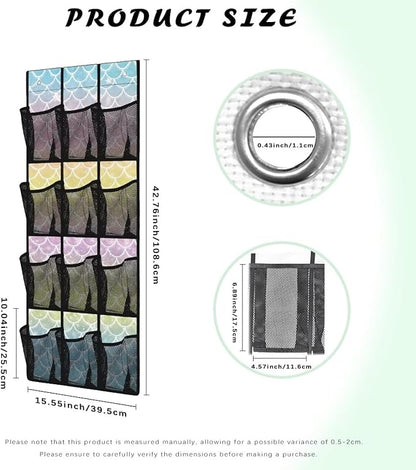 Mermaid Scale Door Organizer Hanging Shoe Organizer for College Dorm Room 12 Compartment Breathable Mesh Pocket Over the Door Hanging Storage Bag for Kids Room