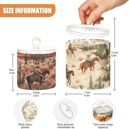 2 Pack Qtip Dispenser Apothecary Jars with Lids Cotton Round Holder Bathroom Canisters for Cotton Swab Floss Ball Pads Clear Plastic Decorative Cowboys Horses Cactus Desert