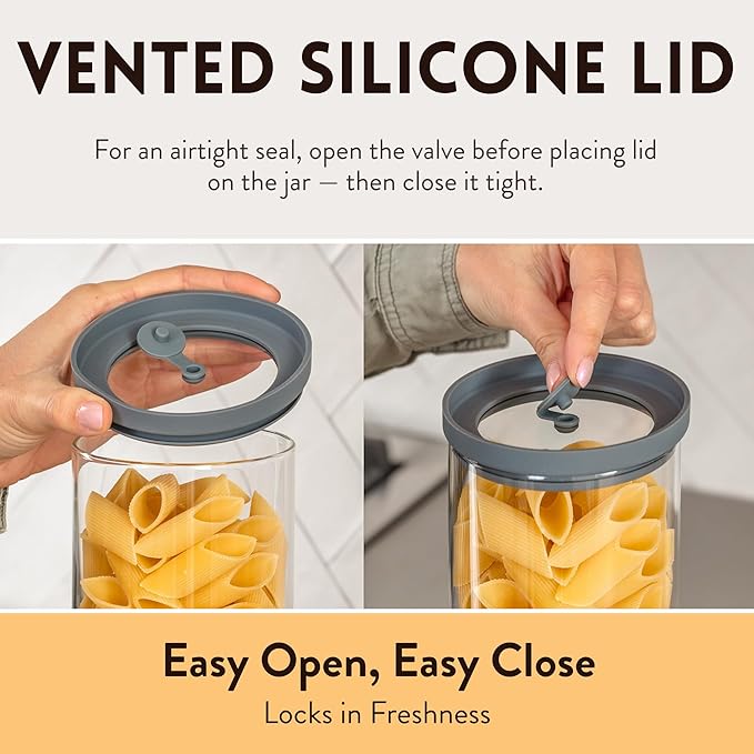 Glass Spaghetti Kitchen Storage Containers with Airtight Silicone Lids, BPA-Free Pantry Glass Storage Jars with Airtight Lid for Pasta and Dry Foods - Set of 3 with Portion Tool