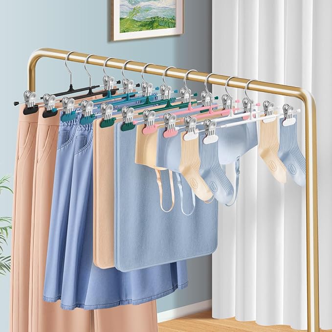 14Inch Clothes Pants Hangers with WideClips 10 Pack,Non-Slip Adjustable Skirt Hanger for Women,Space-Saving Heavy Duty Men Hangers for Pants,Trousers,Jeans,Shorts,Blue
