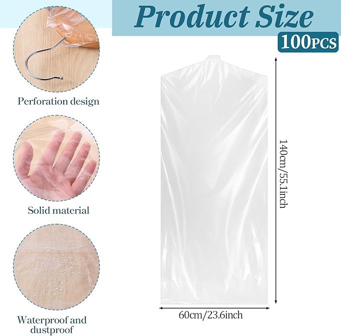 100 Pack Dry Cleaning Bag, 55.1 X 23.6 Inch Plastic Garment Bags for Clothes Clear Hanging Clothing Covers Dust-Proof Clothing Protector Covers for Dry Cleaner, Home Storage, Travel, Moving