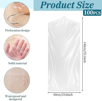 100 Pack Dry Cleaning Bag, 55.1 X 23.6 Inch Plastic Garment Bags for Clothes Clear Hanging Clothing Covers Dust-Proof Clothing Protector Covers for Dry Cleaner, Home Storage, Travel, Moving