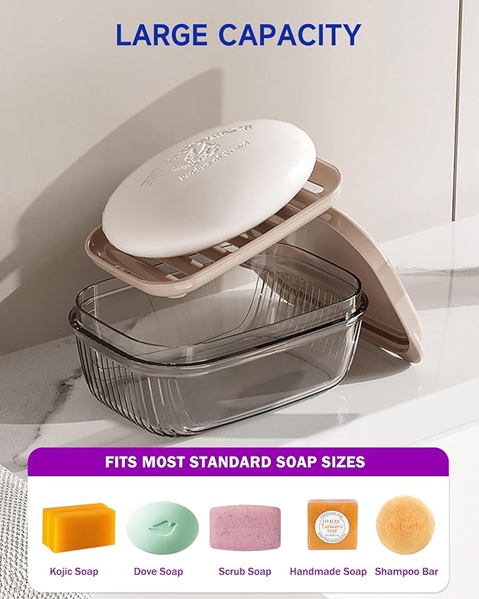 PEISAINOX Travel Soap Case, Leakproof Soap Container with Lid, Portable Bar Soap Holder for Traveling, Soap Dishe for Bathroom, Shower, Gym, School, Camping, Vacation, Outdoor (Clear&Gray)