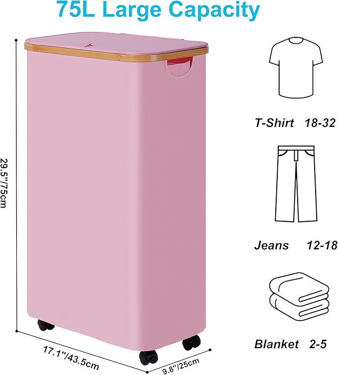 efluky Slim Laundry Basket with Wheels, Narrow Rolling Laundry Hamper with Lid and Removable Bag, Tall Aesthetic Dirty Clothes Hamper on Wheels for Laundry Room, Bedroom, Dorm and Bathroom, 75L Pink