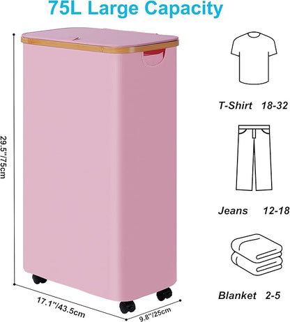 efluky Slim Laundry Basket with Wheels, Narrow Rolling Laundry Hamper with Lid and Removable Bag, Tall Aesthetic Dirty Clothes Hamper on Wheels for Laundry Room, Bedroom, Dorm and Bathroom, 75L Pink