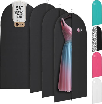 Luxury On the Go Black Suit Bag, Dress, and Travel Gown Garment Bags – 54" Hanging Garment Bag with Clear ID Window – Lightweight & Tear-Resistant – 3 Pack for Dresses, Prom, Evening Gown