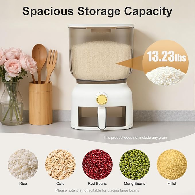 Rice Dispenser, Large Grain Container Storage with Lid Measuring Cylinder Household Cereal Dispenser Bucket, Kitchen Organizer for Rice, Beans, Grains, Cereal Dry Food