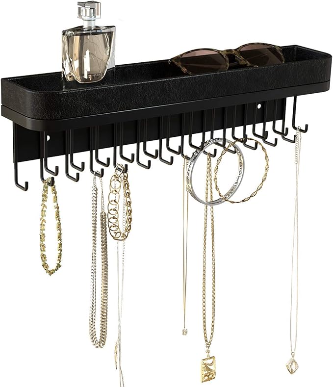 J JACKCUBE DESIGN Necklace Holder Wall Mounted Jewelry Organizer for Bracelet, Earrings and Rings with 25 Hooks - Gothic Room Decor Bedroom Shelf Rack (Black) - MK124B